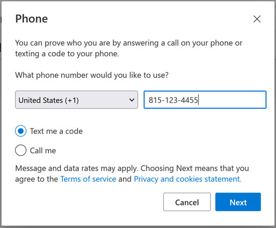 Enter your phone number and select 'Text me a code' or 'call me'