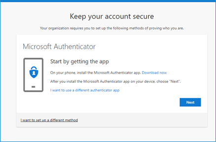 Prompt for Microsoft Authenticator App. Select next.