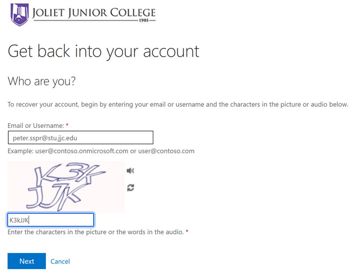 Enter your JJC email and then enter the CAPTCHA challenge. Click next.