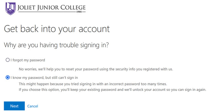 Select 'I know my password but still can't sign in' and click next