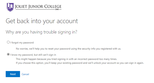 Select 'I know my password but still can't sign in' and click next