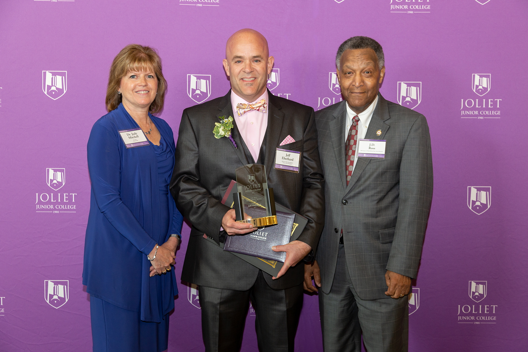 From left: JJC President Dr. Judy Mitchell, Jeff Eberhard (J.D. Ross Extraordinary Service Award recipient), and JJC President Emeritus J.D. Ross.