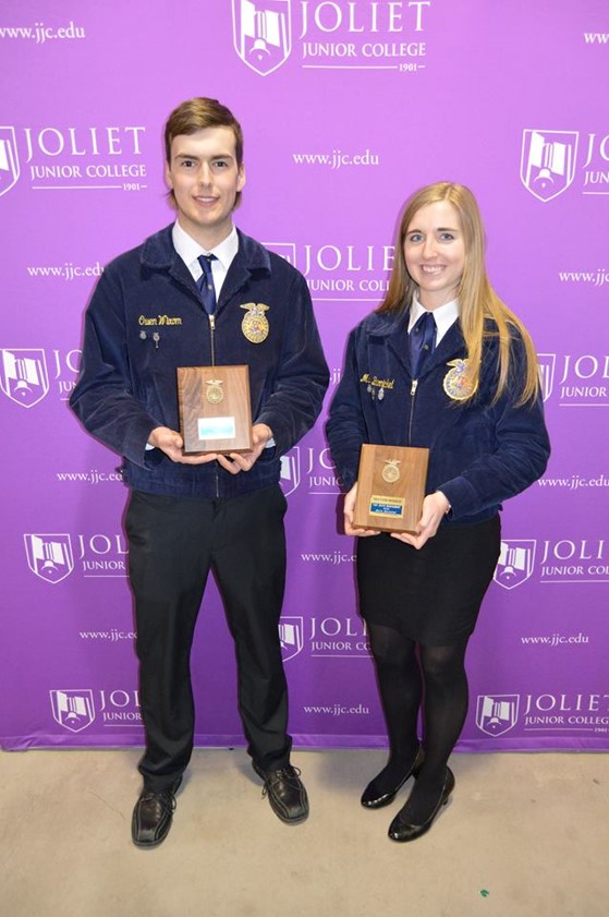 Mendota High School seniors Owen Wixom and Marie Barnickel took home awards at the District 2 Proficiency Interviews at JJC.
