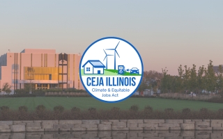 CEJA Illinois logo on photo of JJC Main Campus