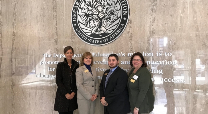 JJC Executive Director of Communications and Marketing Kelly Rohder-Tonelli, President Dr. Judy Mitchell, Board of Trustees Vice Chairwoman Maureen Broderick, and Student Trustee Sante Deserio at the U.S. Education Department in Washington, D.C.
