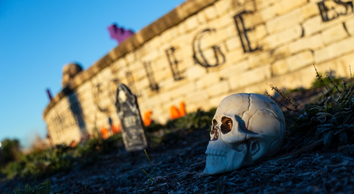 JJC's Main Campus sign with Halloween decorations