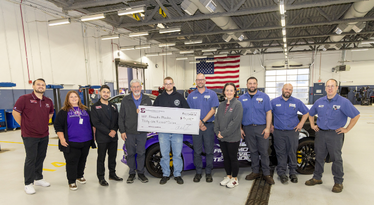 jjc staff and auto faculty pose with alex macha and his scholarship check