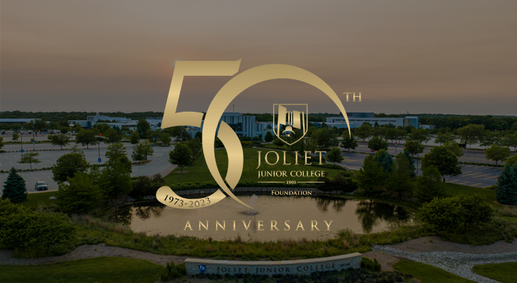 JJC Foundation 50th anniversary logo overlay on photo of JJC Main Campus