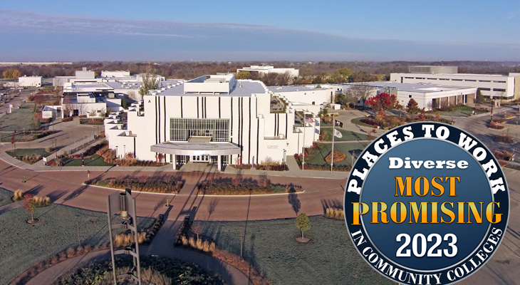 aerial view of JJC Main Campus with 2023 Most Promising Places to Work badge in bottom right corner