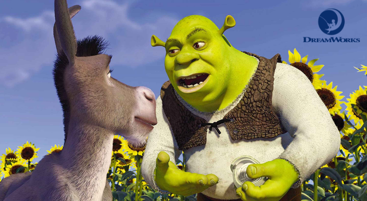 still of Shrek featuring Shrek and Donkey with DreamWorks logo in top right corner
