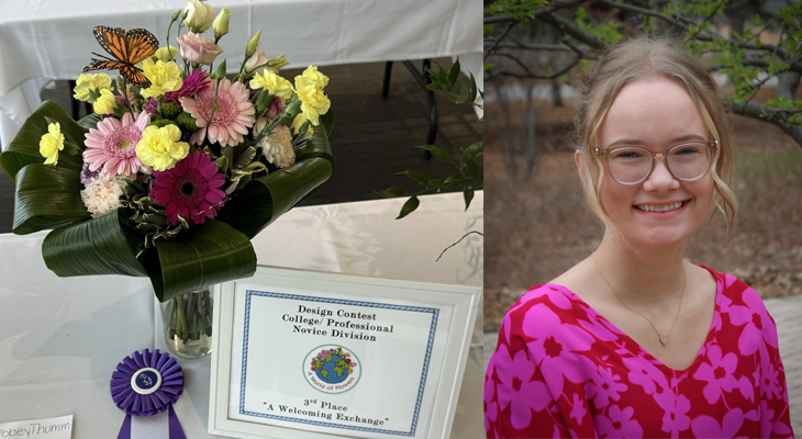 collage of bouquet, ribbon and certificate and Abbey Thumm headshot