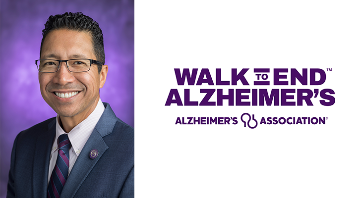headshot of Clyne Namuo next to Walk to End Alzheimer's logo