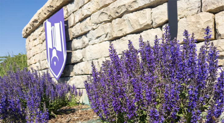 lavender flowers planted outside of brick entrance with JJC logo on it
